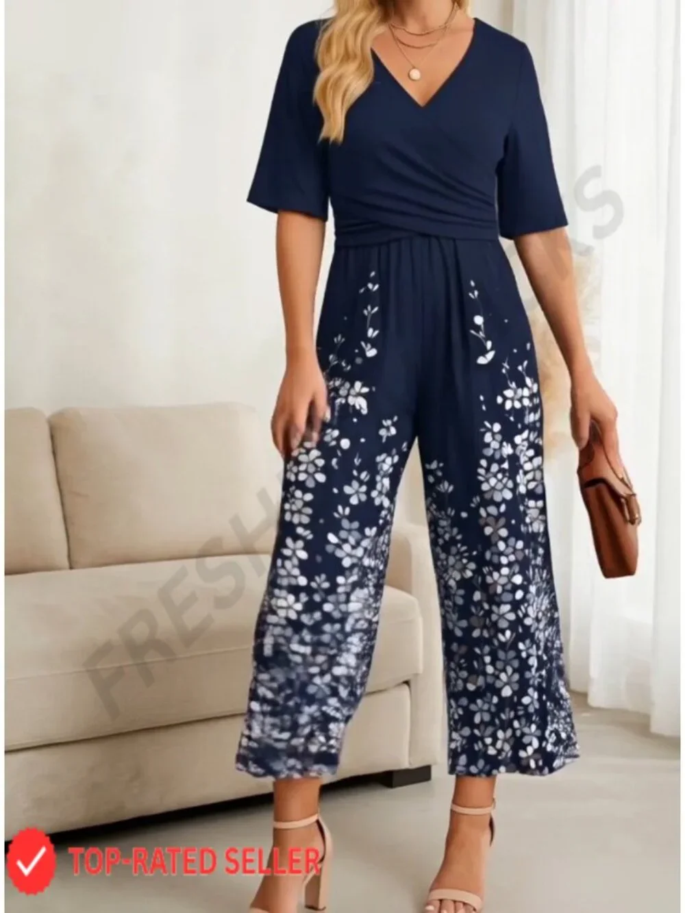 Women's Boho Floral V Neck Short Sleeve Wide Leg Jumpsuit with Pockets